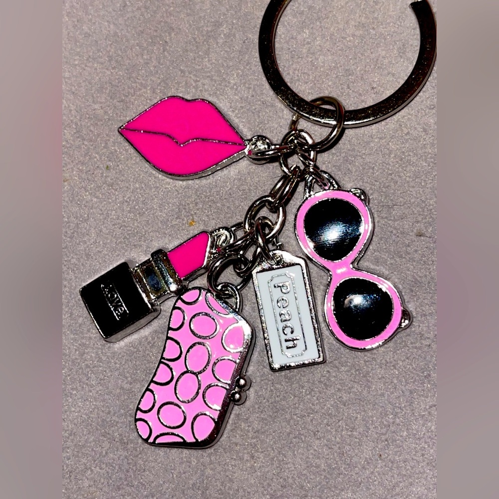 Silver Tone with Pink Lips, Bag, Lipstick & Sunglasses Bag Charm.